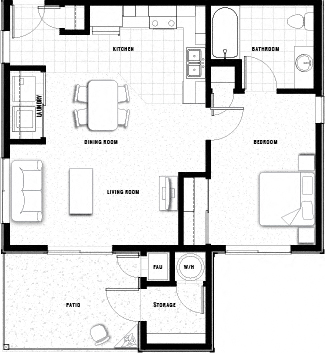 Floor plan for 1 bed, 1 bath, 615 sqft